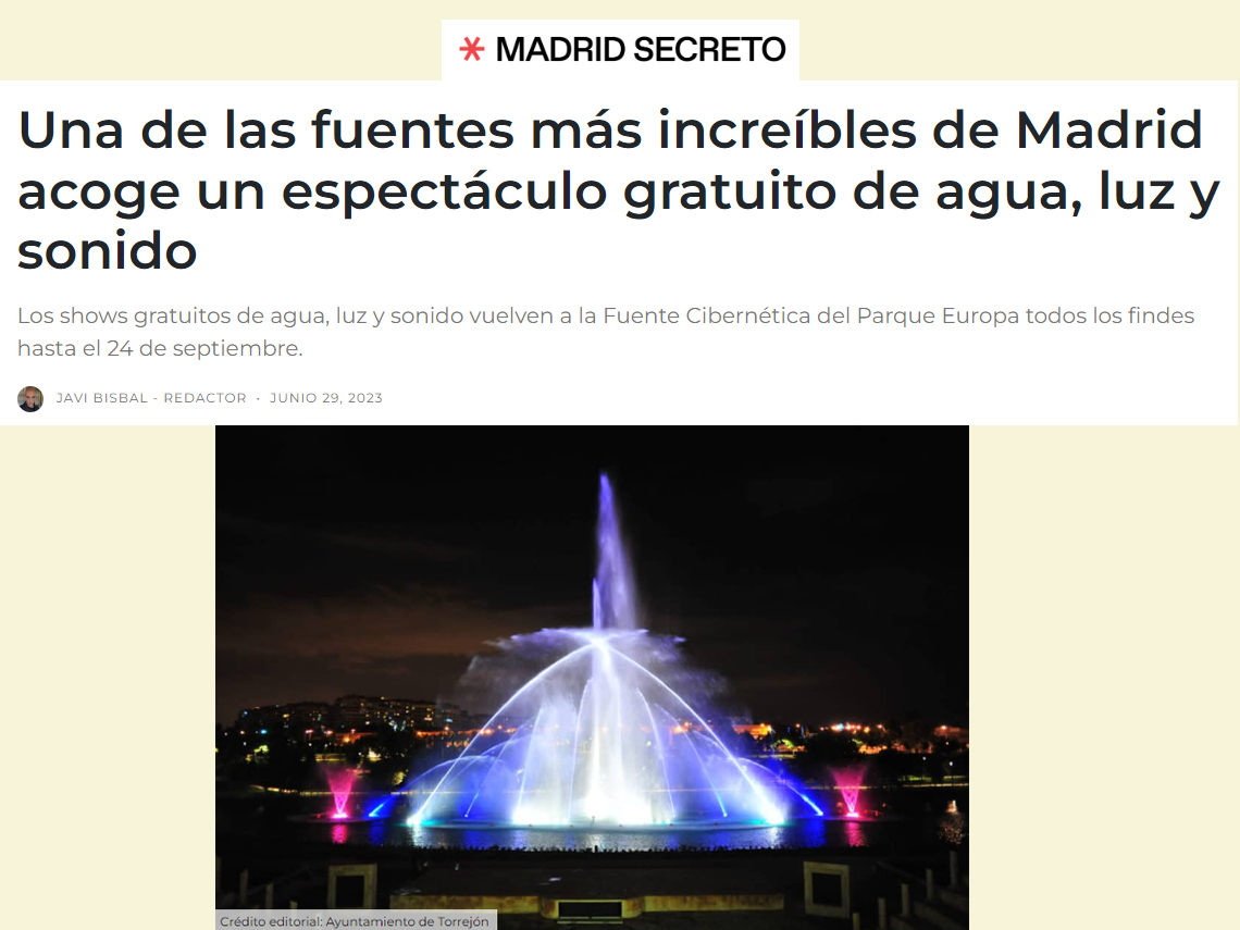 Medios de comunicación como “Madrid Secreto” se hacen eco del gran Espectáculo Fuente que se puede disfrutar todos los viernes, sábados y domingos en el Parque Europa